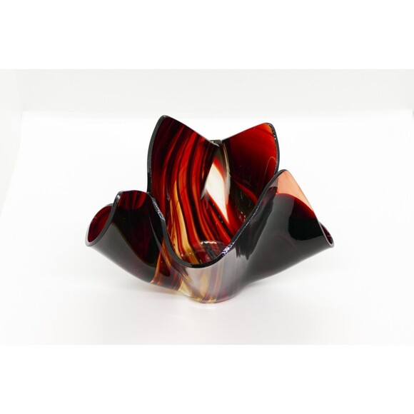 Vintage Handkerchief Art Glass Bowl Vase Red Wave Stripe Paper Folded Handmade - Picture 7 of 10